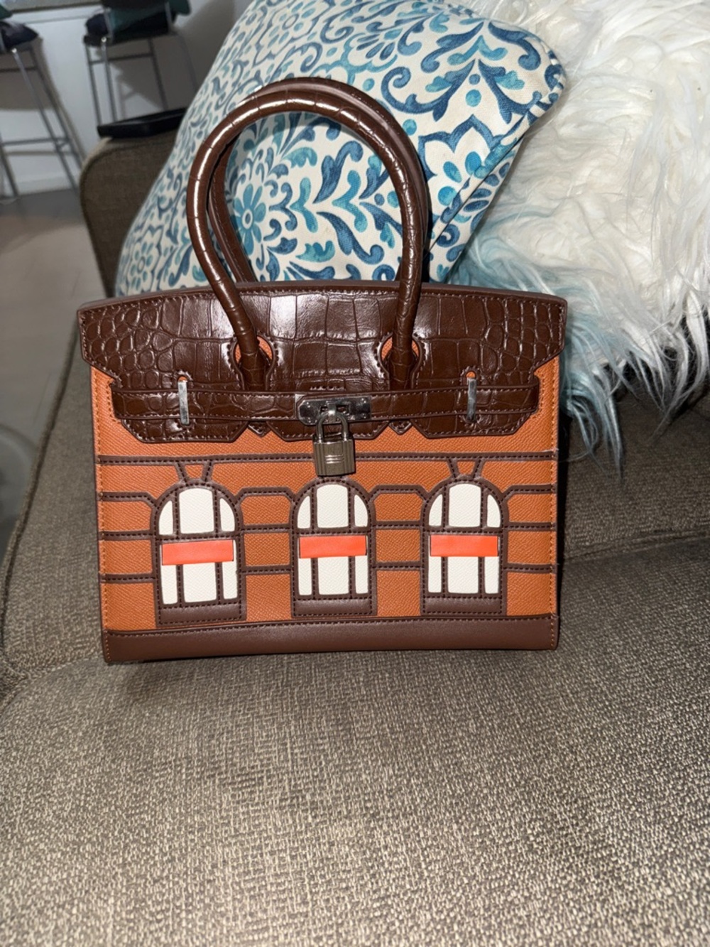 Orange Structured Top Handle Bag with Brown Trim